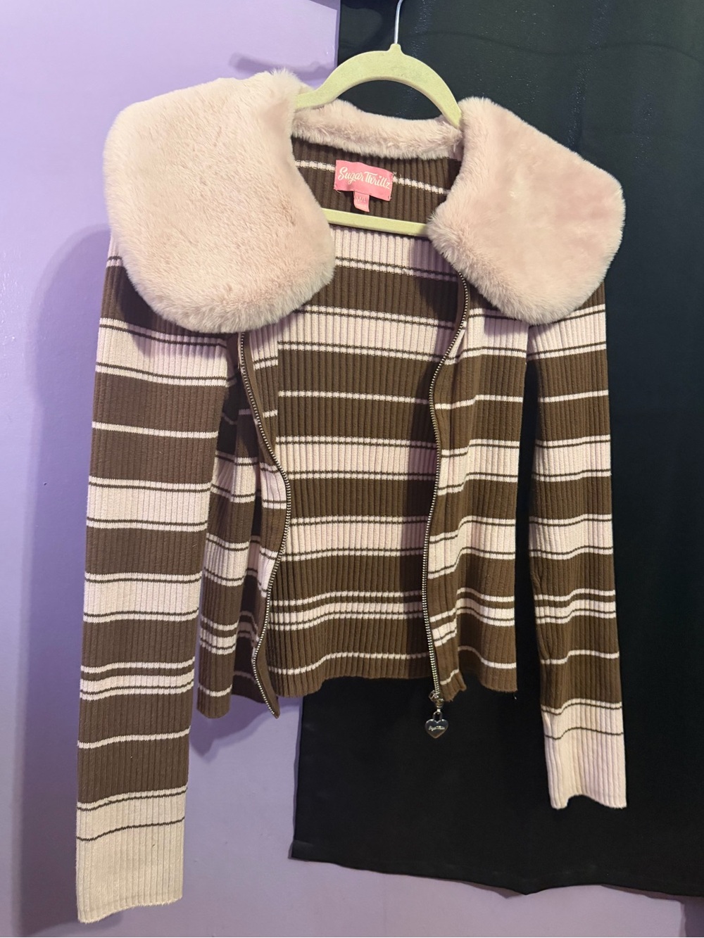 Sugar Thrillz Faux Fur Collar Striped Zip-Up Jacket - Pink & Brown size Md/Large - Picture 5 of 9